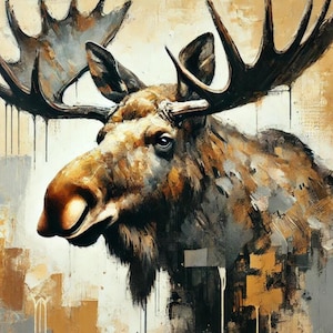 Stampa artistica da parete Majestic Moose - Decorazione rustica con animali - Ritratto di alce audace nei toni della terra, stampa artistica rustica, dipinto astratto di alce