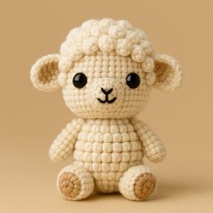 May include: A handmade crochet lamb toy in cream color. The lamb has black safety eyes, a black embroidered mouth, and tan-colored feet. The lamb is sitting upright with its arms and legs extended. The lamb's head has a textured, curly wool appearance.