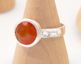 Orange Fire Opal Bezel Set Silver Ring - hammered, brushed silver, orange stone