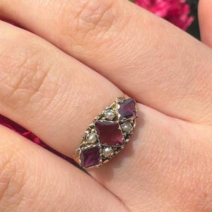 Antique Victorian Ruby & Seed Pearl Ring, UK Size P 1/2 (US 7.75 / EU 57), 9ct Gold Birmingham 1891, Walter George Myers
