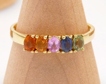 Multi Coloured Rainbow Sapphire Gold on Silver Ring - Orange, yellow, pink, blue green