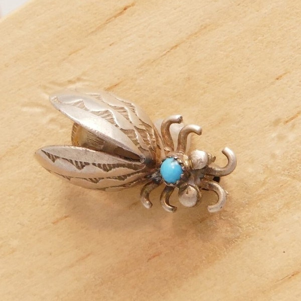 Vintage Silver Navajo Bug Pin / Insect Brooch with Turquoise