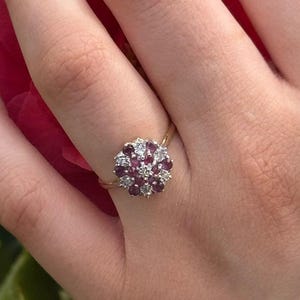Vintage Rubin & Diamant Cluster Ring in 9 Karat Gold Gr. N 6,75 54 | Punziert 1983 Retro Floral Halo