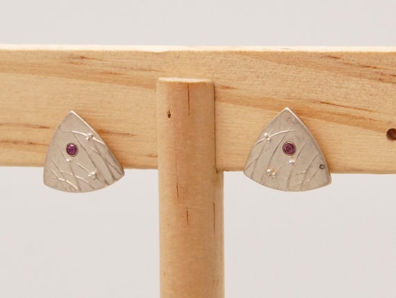 Vintage Ruby Stud Earrings in Sating Sterling Sil… - image 2