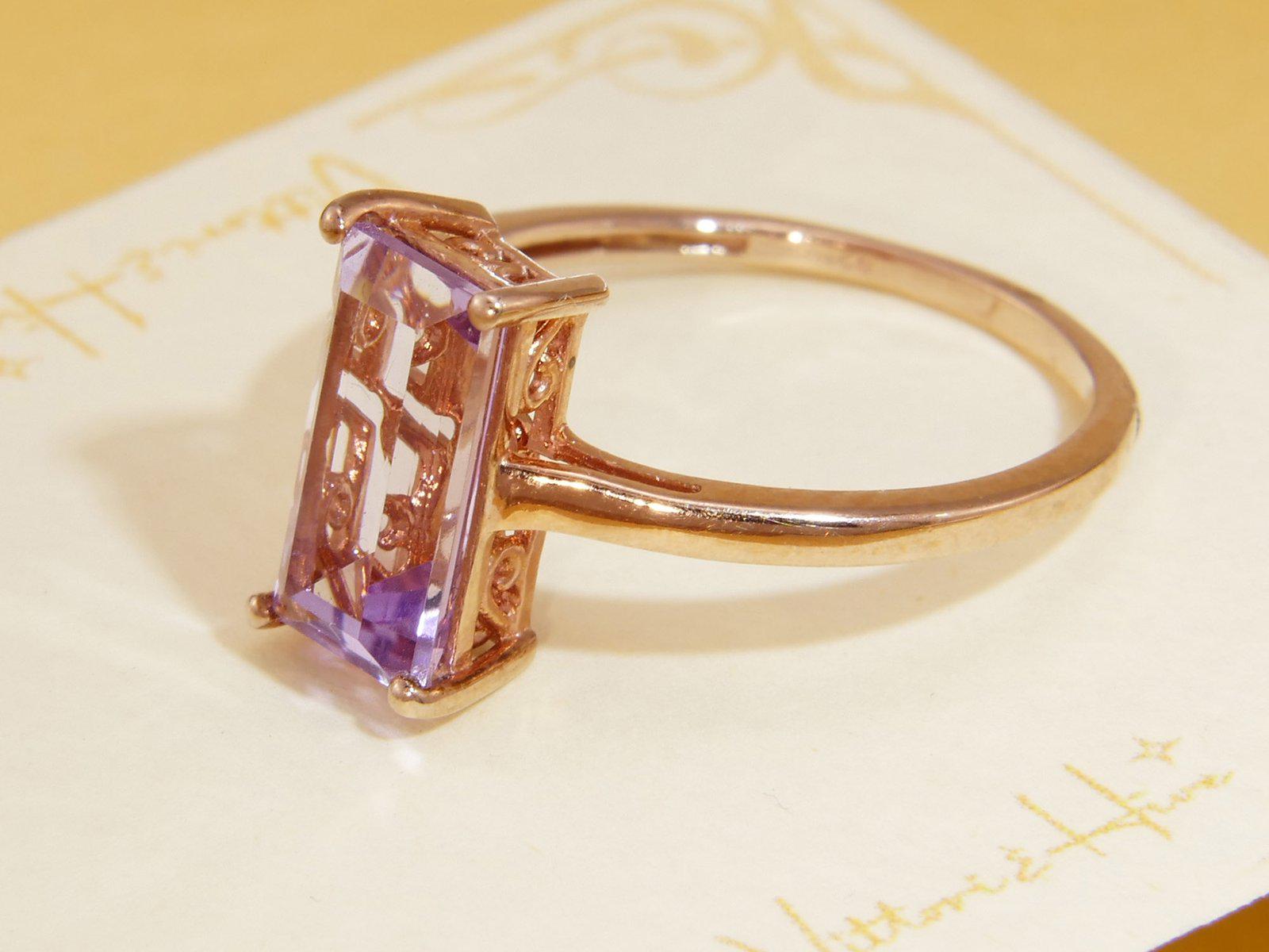 Bague Solitaire Améthyste Rose De France - Monture Argent Sterling Plaqué Platine - Taille 7