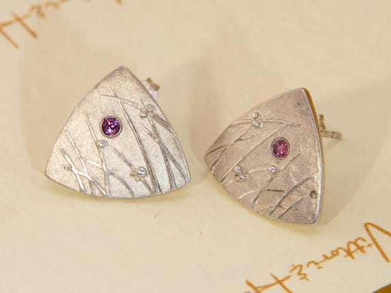 Modernist Ruby Geometric Triangle Stud Earrings i… - image 1