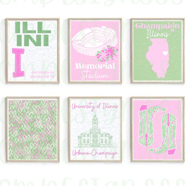 University of Illinois Urbana-Champaign Digital Wall Prints | Instant Download | Apartment Decor | College Room Decor | Pink Green | Illini