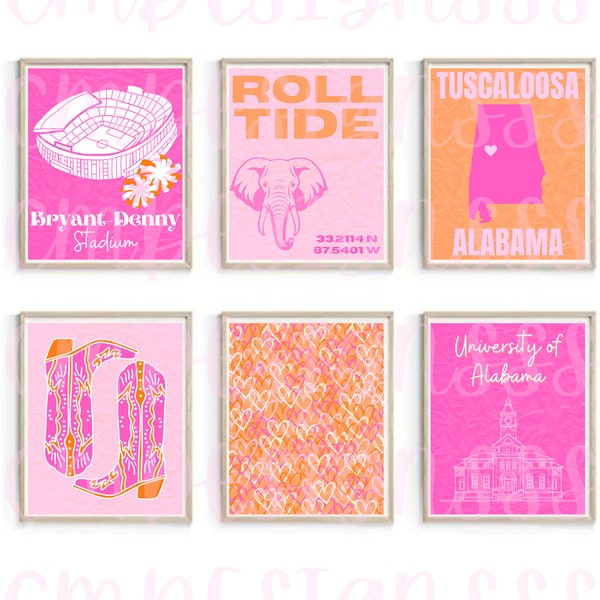 University of Alabama Digital Download Prints | Roll Tide | Dorm Prints | Pink and Orange | Bar Cart Art | Digital Prints | Instant Download