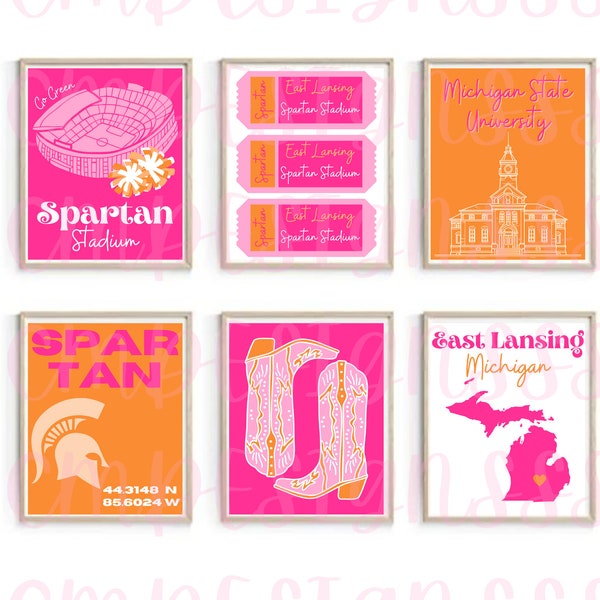 Michigan State University Digital Downloads | Pink Orange | College Dorm Prints | Spartans | Bar Cart | Digital Prints | Instant Downloads
