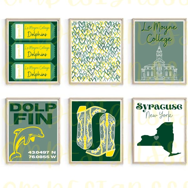 Le Moyne College Wall Art | Digital Prints | Instant Download | Dolphins | Syracuse NY | Dorm Room Decor | Bar Cart Wall | Green Gold 8x10