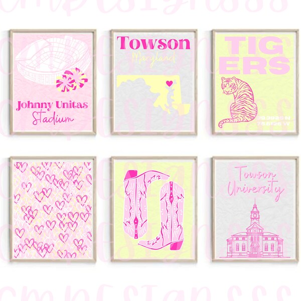 Towson Univeristy Digital Prints | Towson Maryland Top | Dorm Decor | Preppy | Apartment Decor | Bar Cart | Go Tigers | Pink Yellow Decor