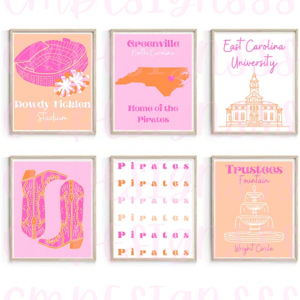 ECU Digital Downloads | College Dorm Room Prints | Pink and Orange | Bar Cart Art | Digital Prints | Instant Downloads | College Prints |