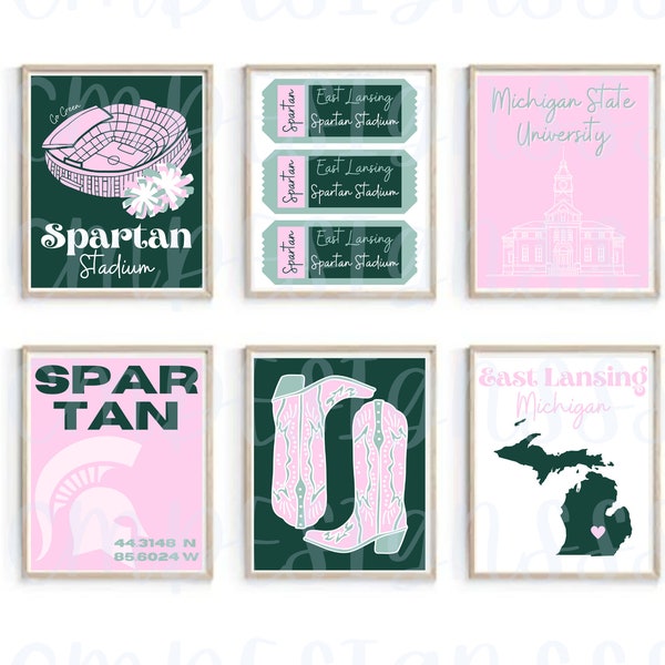 Michigan State University Digital Downloads | Green Pink | College Dorm Prints | Spartans | Bar Cart | Digital Prints | Instant Downloads