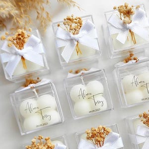 Candle Favor For Wedding, 30 Label, 9 Flower, 14 Ribbon, Engagement Favors , Personalized Bulk Candle, Bridal Shower Favor, Baptism Favor