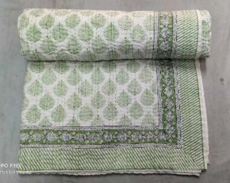 Green Kantha Quilt / Handblock Print Kantha Quilt / Indian Cotton