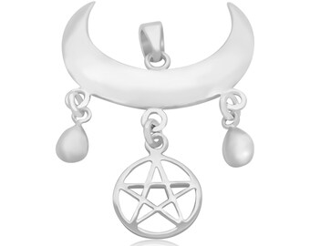Silver Crescent Moon Pentagram Pentacle Pendant, Solid Droplets, 925 Sterling Silver Wicca Pagan Amulet Necklace