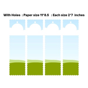 May include: A set of eight paper tags with a light blue and green design. The tags have a scalloped edge and a hole at the top. The paper size is 11 x 8.5 inches, and each tag is 2 x 7 inches. The text on the image says: With Holes: Paper size 11*8.5: Each size 2*7 inches.