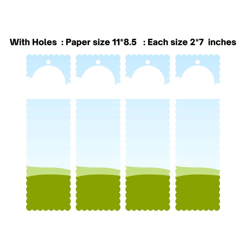 May include: A set of eight paper tags with a light blue and green design. The tags have a scalloped edge and a hole at the top. The paper size is 11 x 8.5 inches, and each tag is 2 x 7 inches. The text on the image says: With Holes: Paper size 11*8.5: Each size 2*7 inches.