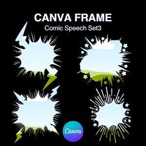 May include: Four comic speech bubbles with different designs. Each bubble has a white outline with a blue and green interior. The bubbles are set against a black background. The text "CANVA FRAME Comic Speech Set3" is at the top of the image.
