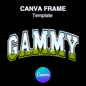 May include: A Canva frame template with the text "GAMMY" in a bold, white font with a green and blue background. The text is in a large, bold font and is set against a black background. The Canva logo is in the lower center of the image.