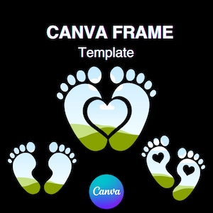 May include: A Canva frame template featuring a design of footprints with a heart shape in the centre. The footprints are filled with a blue sky and green grass. The text "Canva Frame Template" is at the top of the image.