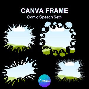 Puede incluir: Cuatro burbujas de diálogo de cómic diferentes con un paisaje verde de hierba y un cielo azul con nubes blancas. Las burbujas de diálogo son negras con contornos blancos y tienen diferentes formas.