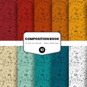 May include: A digital composition book design featuring a speckled pattern in various colors, including red, orange, and yellow. The image includes the text "COMPOSITION BOOK" and other details about the file.