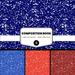 May include: A composition book design with a blue and white speckled pattern. The cover features the text "COMPOSITION BOOK" and file details. Below are three additional color variations: blue, red, and maroon.