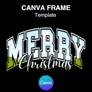 May include: A graphic design template for a Christmas card with the text "Merry Christmas" in a white and blue font with a green and white landscape background.