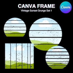 May include: Four vintage-style frames with a grunge effect, featuring a blue sky with white clouds and green hills. The frames are in different shapes, including a circle, square, and rectangle.