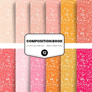 May include: A digital design featuring a composition book theme with a range of speckled backgrounds in various colours. The image includes a label that reads "COMPOSITION BOOK" and file details: "12 JPG File 300 DPI 3600 x 3600 Pixel".