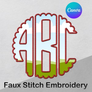 May include: Faux stitch embroidery design featuring the letters A, R, and C in a red outline. The letters are set against a background of a blue sky with white clouds and green hills.