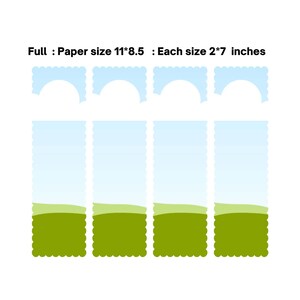 May include: A set of four paper cutouts with a sky and grass design. Each cutout is 2 x 7 inches. The full paper size is 11 x 8.5 inches. The top of each cutout has a scalloped edge with a light blue sky design. The bottom has a green grass design.