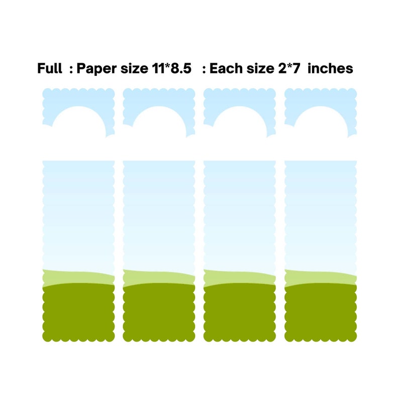 May include: A set of four paper cutouts with a sky and grass design. Each cutout is 2 x 7 inches. The full paper size is 11 x 8.5 inches. The top of each cutout has a scalloped edge with a light blue sky design. The bottom has a green grass design.