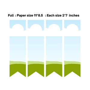 May include: A set of four banner-shaped paper cutouts with a sky and landscape design. The paper size is 11x8.5 inches, and each banner is 2x7 inches. The top of each banner has a cloud shape, and the bottom is pointed.