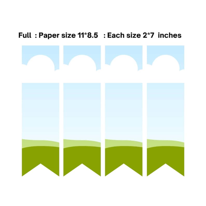 May include: A set of four banner-shaped paper cutouts with a sky and landscape design. The paper size is 11x8.5 inches, and each banner is 2x7 inches. The top of each banner has a cloud shape, and the bottom is pointed.