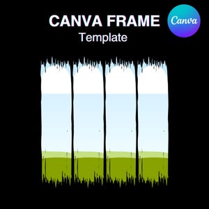 Puede incluir: Tres marcos verticales con un diseño pintado, texturizado, de hierba verde, cielo azul y nubes blancas. Los marcos están delineados en negro y tienen un borde irregular y dentado.