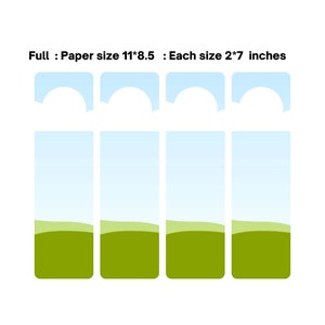 May include: A set of four door hangers with a blue sky and green landscape design. The paper size is 11x8.5 inches, and each hanger is 2x7 inches. The top of each hanger has a curved cutout.
