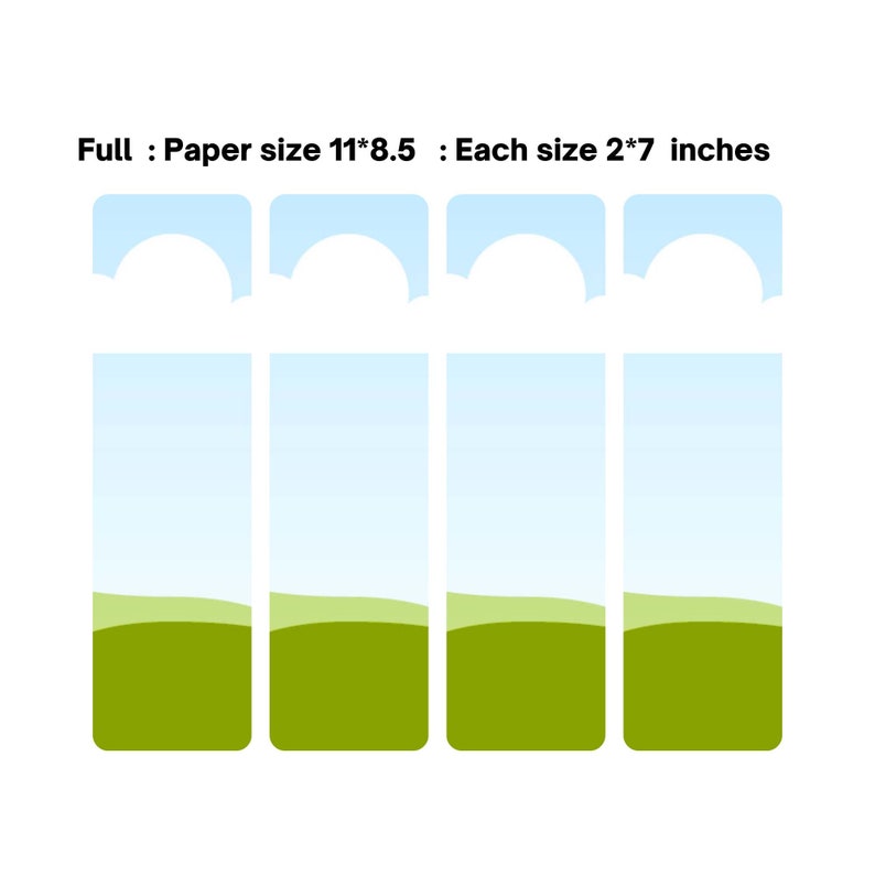 May include: A set of four door hangers with a blue sky and green landscape design. The paper size is 11x8.5 inches, and each hanger is 2x7 inches. The top of each hanger has a curved cutout.