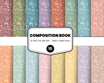 Könnte beinhalten: Ein digitales Papierpaket mit 16 Blättern, jeweils mit einem Design für ein Notizbuch. Die Papiere sind in Pastelltönen wie Rosa, Blau, Grün und Orange gehalten und haben eine gesprenkelte Textur. Der Text "COMPOSITION BOOK" ist auf einem weißen Etikett zu sehen.