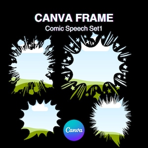 May include: Four comic speech bubbles with white outlines and green and blue interiors. The bubbles are set against a black background. The text "CANVA FRAME Comic Speech Set1" is at the top of the image.