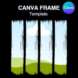 Puede incluir: Una plantilla digital para un marco de Canva con tres secciones verticales. Cada sección presenta un cielo azul con una nube blanca y un campo de hierba verde en la parte inferior. El texto "CANVA FRAME Template" está en la parte superior de la imagen.