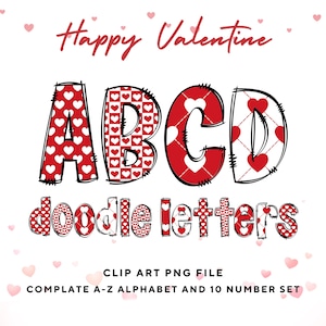 Dia dos Namorados Doodle Alfabeto Letras Clipart, Coração Vermelho Carta de Amor, Dia dos Namorados, Sublimação Faça seu próprio Nome letras Set