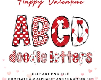 Valentine's Day Doodle Alphabet Letters Clipart, Red Heart Love Letter, Valentine, Sublimation Make your own Name letters Set