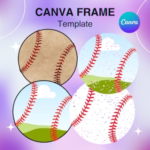 May include: Four baseball-themed graphic design templates with different backgrounds. The first template has a brown background with white stitching. The second template has a blue sky background with white clouds and green grass. The third template has a white background with purple and white speckles. The fourth template has a green grass background with a blue sky and white clouds.