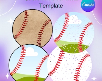 Plantilla de marco de lienzo de béisbol, Forma de pelota deportiva de puntada de béisbol Rellena la tuya, Añade fondo, Descarga fácil de arrastrar y soltar