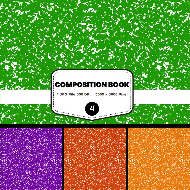 K&ouml;nnte beinhalten: Ein Kompositionsbuch mit gr&uuml;n gesprenkeltem Einband und den Worten "COMPOSITION BOOK" in einem wei&szlig;en Rechteck. Darunter befinden sich drei weitere gesprenkelte Hintergr&uuml;nde in Lila, Orange und Gelb.