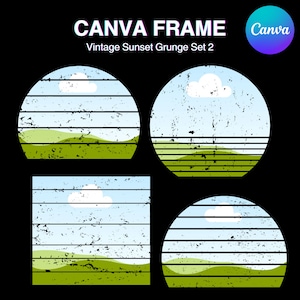 May include: Four vintage grunge style sunset frames with a blue sky, white clouds, and green hills. The frames are in a circle and square shape.