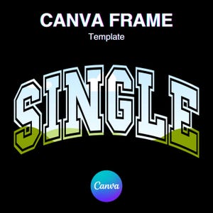 Puede incluir: Un diseño gráfico en blanco y negro de la palabra "SINGLE" en una fuente blanca en negrita con un contorno negro. Las letras están arqueadas y tienen un fondo azul y verde con un diseño de nubes blancas.