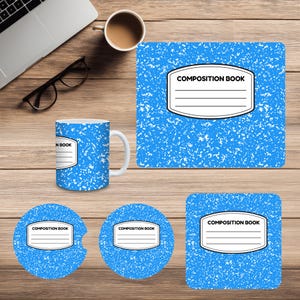 May include: A collection of stationery items with a composition book design. Includes a coffee mug, mousepad, coaster, and square coaster. The items are blue with white speckles and feature a composition book label.